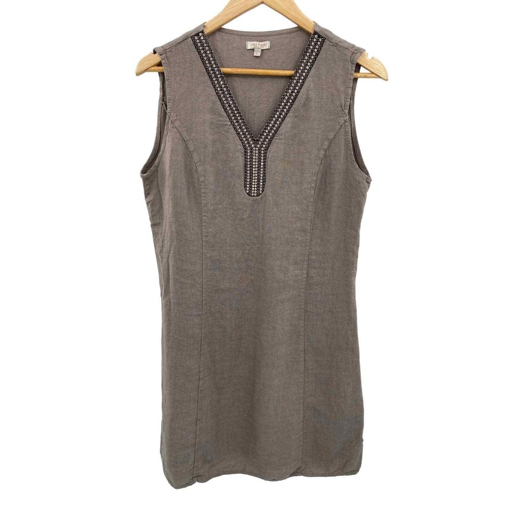 Lina Tomei Shift Dress Womens Large Gray Gemstone Collar Linen Ribbed Sides HOLE - Picture 2 of 9
